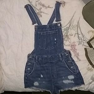 Dark wash denim short overalls